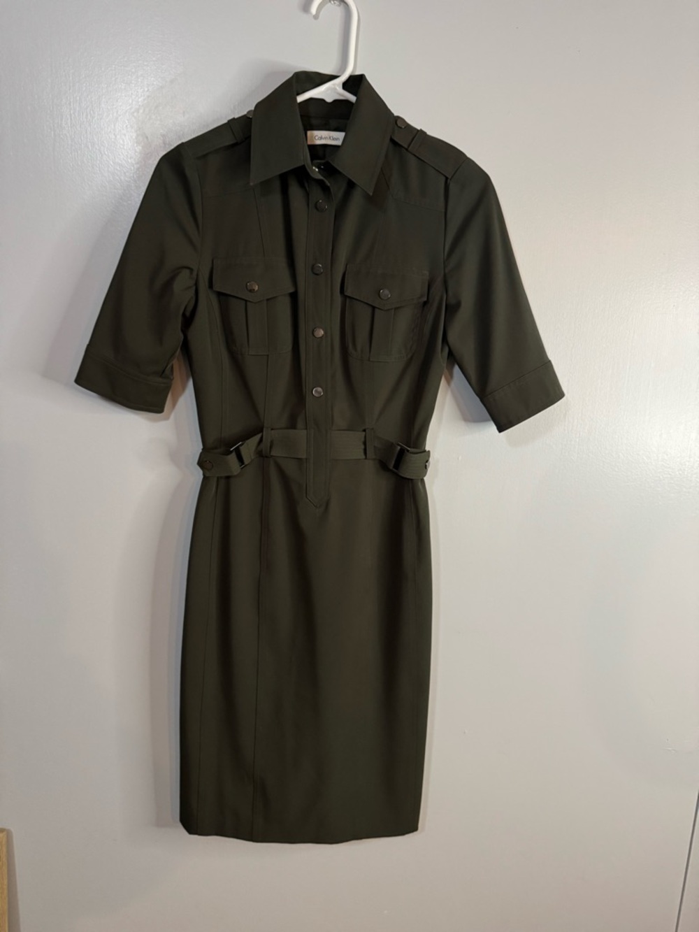 Calvin Klein Olive Green Belted Midi Shirt Dress Size 2
